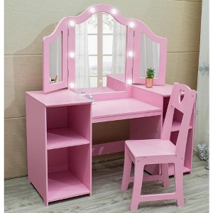 Garvee 2 in 1 Wooden Princess Makeup Desk Dressing Table, Kids Vanity with Mirror, Light,Stool & Drawer - 1 of 4