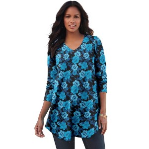 Roaman's Women's Plus Size V Neck Thermal Swing Tunic - 1 of 4