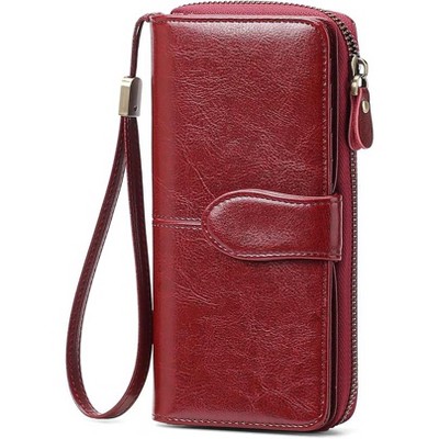 Women's fashionable pink synthetic leather wrist guard wallet with snap button and zipper closure,compact card holder and phone compartment