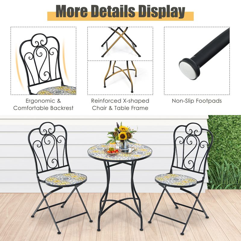 Tangkula 2PCS Outdoor Mosaic Folding Bistro Chairs Patio Chairs with Ceramic Tiles Seat and Exquisite Floral Pattern Yellow Seat, 4 of 8