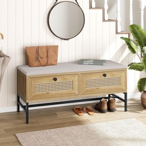 Rattan Shoe Bench, 39.3" Entryway Bench with 2 Storage Drawers Wooden Storage Bench with Linen Seat Cushion Shoe Bench - 1 of 4