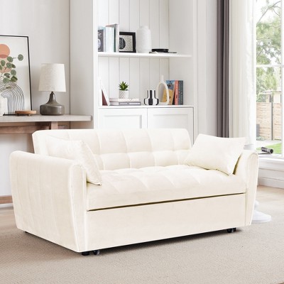MAYEERTY 64.9" 3-in-1 Foldable Velvet Sofa Bed with Adjustable Back & Storage Bag (Beige)