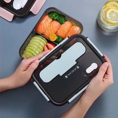 Portable bento case, with compartments and ventilation holes, embedded design, cold plate, microwave oven, dishwasher, blue, 1100ml