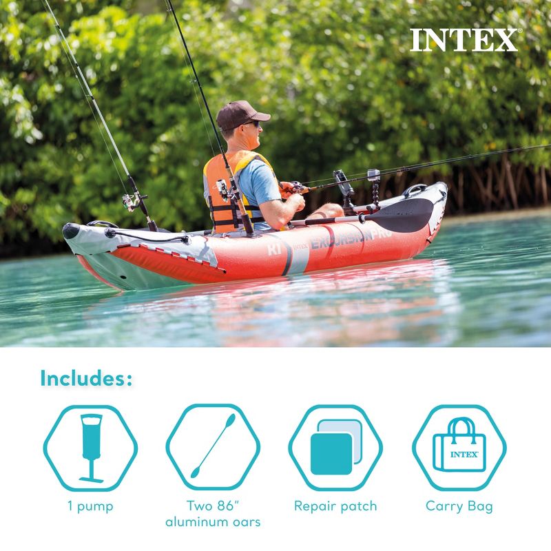 Intex 68303EP Excursion Pro K1 Single Person Inflatable Vinyl Fishing Kayak Set with Aluminum Oar and High Output Pump - Red, 3 of 7
