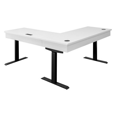 White Adjustable Height L-Desk with USB Ports and Drawer