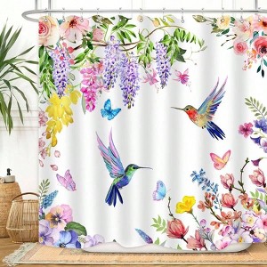 Watercolor Flower Hummingbird Shower Curtain, 72x72 Inch, 12 Hooks, Waterproof Fabric, Modern Bathroom Decor - 1 of 4
