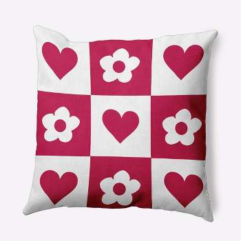 16"x16" Valentine's Day Heart and Flowers Grid Square Throw Pillow Bold Pink - e by design