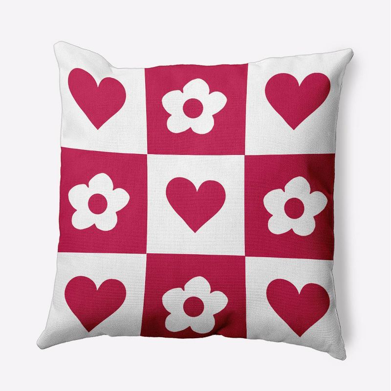 16&#34;x16&#34; Valentine&#39;s Day Heart and Flowers Grid Square Throw Pillow Bold Pink - e by design, 1 of 7
