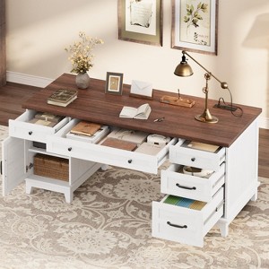 60" Farmhouse Executive Desk with File Drawers, Charging Station, Cabinet Storage, Home Office Computer Writing Desk - 1 of 4