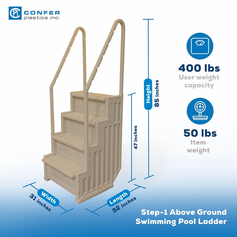 Confer Plastics In-Pool 4 Step Ladder, Stair Entry System w/ 2 Handrails for Flat Bottom Above Ground Swimming Pool, Snap Together Assembly, Warm Gray, 2 of 7