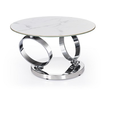 HomeRoots 32" White And Silver Ceramic Tile And Metal Round Abstract Coffee Table