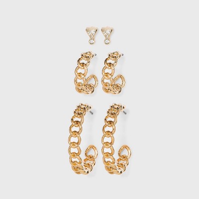 Stud and Frozen Chain Hoop Trio Earrings - A New Day™ Gold