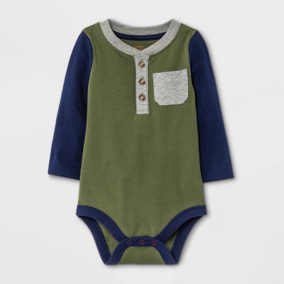 Image of Baby Boys' Henley Colorblock Long Sleeve Bodysuit with Pocket - Cat & Jack™ Olive Green 3-6M