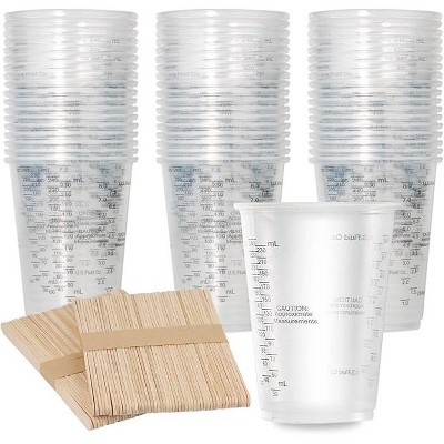 JDICTION 100pcs 8oz Graduated Clear Plastic Measuring Cups with 100pcs Wooden Stirring Sticks for Mixing Paint, Pigments, Epoxy Resins, Resins