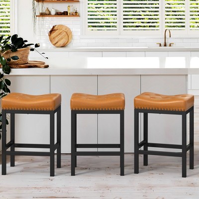 Counter Height Bar Stools, 24 Inch Saddle Backless Bar Stools Set of 3, Faux Leather Counter Stools with Metal Legs, Modern Kitchen Island stools