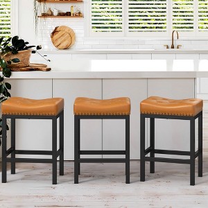 Counter Height Bar Stools, 24 Inch Saddle Backless Bar Stools Set of 3, Faux Leather Counter Stools with Metal Legs, Modern Kitchen Island stools - 1 of 4