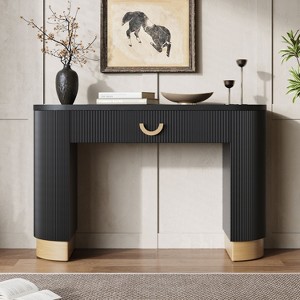 Okak Modern Console Table with Vertical Ribbed Design, Entryway Table with 1 Large Drawer and Metal Handle, Sofa Table for Living Room, Black+Gold - 1 of 4