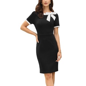 INSPIRE CHIC Women's Bow Tie Crew Neck Short Sleeves Business Color Block Sheath Midi Dresses - 1 of 4