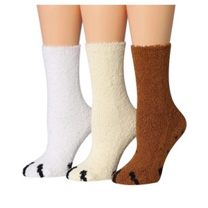 Tipi Toe Women's 3-Pairs Anti-Skid Paws Neutrals Tiger-Inspired Accents Soft Fuzzy Women Crew Socks - 1 of 4