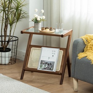 Rattan Nightstand Side Table, Bamboo Accent Bedside Tables, Glass Coffee Tables, Boho Wooden End Table with Storage for Small Space, Living Room - 1 of 4