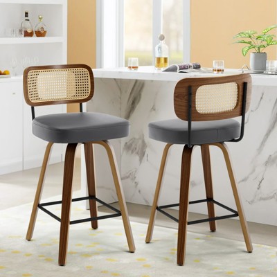 Bekrvio 26"/29" Mid-Century Modern Swivel Bar Stools Set of 1/2/3/4- Faux Leather Upholstered with Back and Bent Wood Legs,Ideal for Kitchen Island