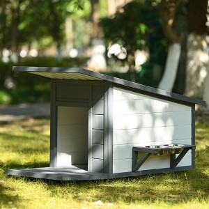 Whisen Wood Dog House with Food bowl, 4 Swivel Wheels - Grey & White - 1 of 4