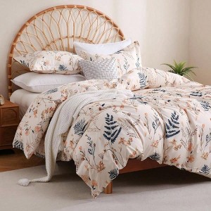 Blush Floral Queen Duvet Cover Set, 3 Piece Boho Ferns Microfiber with Zipper Closure - 1 of 4