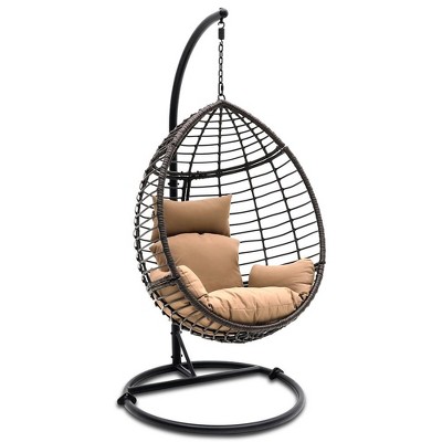 SereneLife Hanging Egg Indoor Outdoor Patio Wicker Rattan Lounge Chair with Stand - Brown