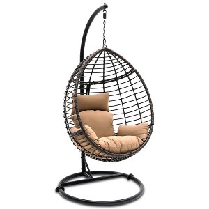 SereneLife Hanging Egg Indoor Outdoor Patio Wicker Rattan Lounge Chair with Stand - Brown - 1 of 4