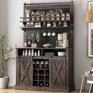 Coffee Bar Cabinet, Farmhouse Buffet Cabinet with Storage, 75" Tall Bar Cabinet Kitchen Buffet Sideboard w/Sliding Barn Door,Coffee Hutch Cabinet - 1 of 4
