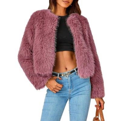 Women's Winter Coats Fleece Cropped Jacket Faux Fur Long Sleeve Pockets Shaggy Warm Outerwear Fall Clothes