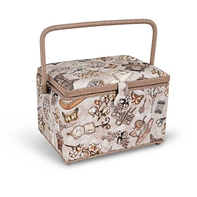 Large Taupe Cotton Rectangular Sewing Basket with Zippered Case