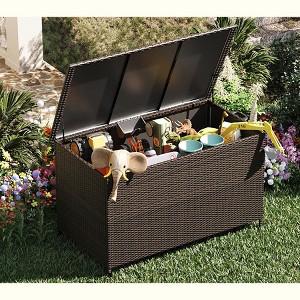 Garvee Outdoor Storage Box, 185 Gallon Deck Box, Waterproof PE Rattan Storage Bench for Patio Cushions, Gardening Tools, Pool Accessories, Brown - 1 of 4