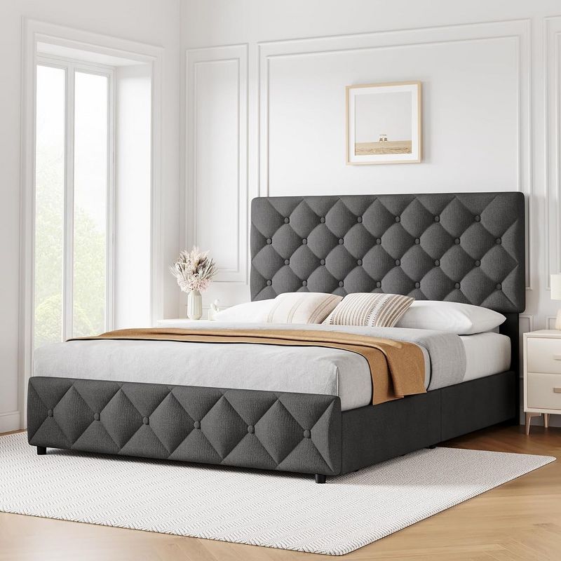 Whizmax Linen Upholstered Platform Bed Frame with 4 Storage Drawers and Headboard, Diamond Stitched Button Tufted, Gray, 2 of 8
