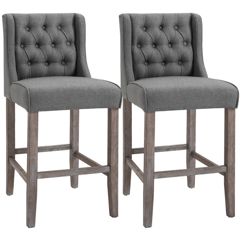 HOMCOM 26.25" Counter Height Bar Stools Set of 2, Tufted Wingback Armless Upholstered Dining Chair with Rubber Wood Legs, 1 of 9
