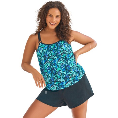 Swim 365 Women's Plus Size Tank Overlay Swim Romper - 30, Blue