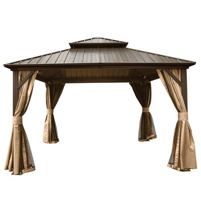 Gloweer Hardtop Gazebo, Outdoor Aluminum Frame Canopy with Galvanized Steel Roof, Permanent Metal Pavilion with Curtains and Netting