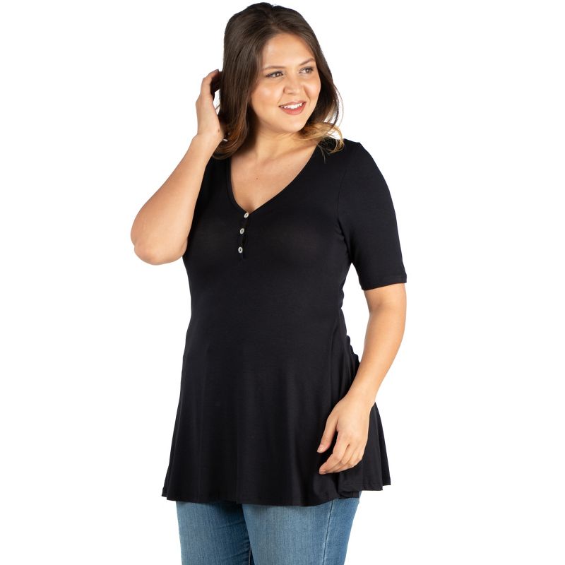 24seven Comfort Apparel Womens Elbow Sleeve Henley Plus Size Tunic Top, 2 of 5