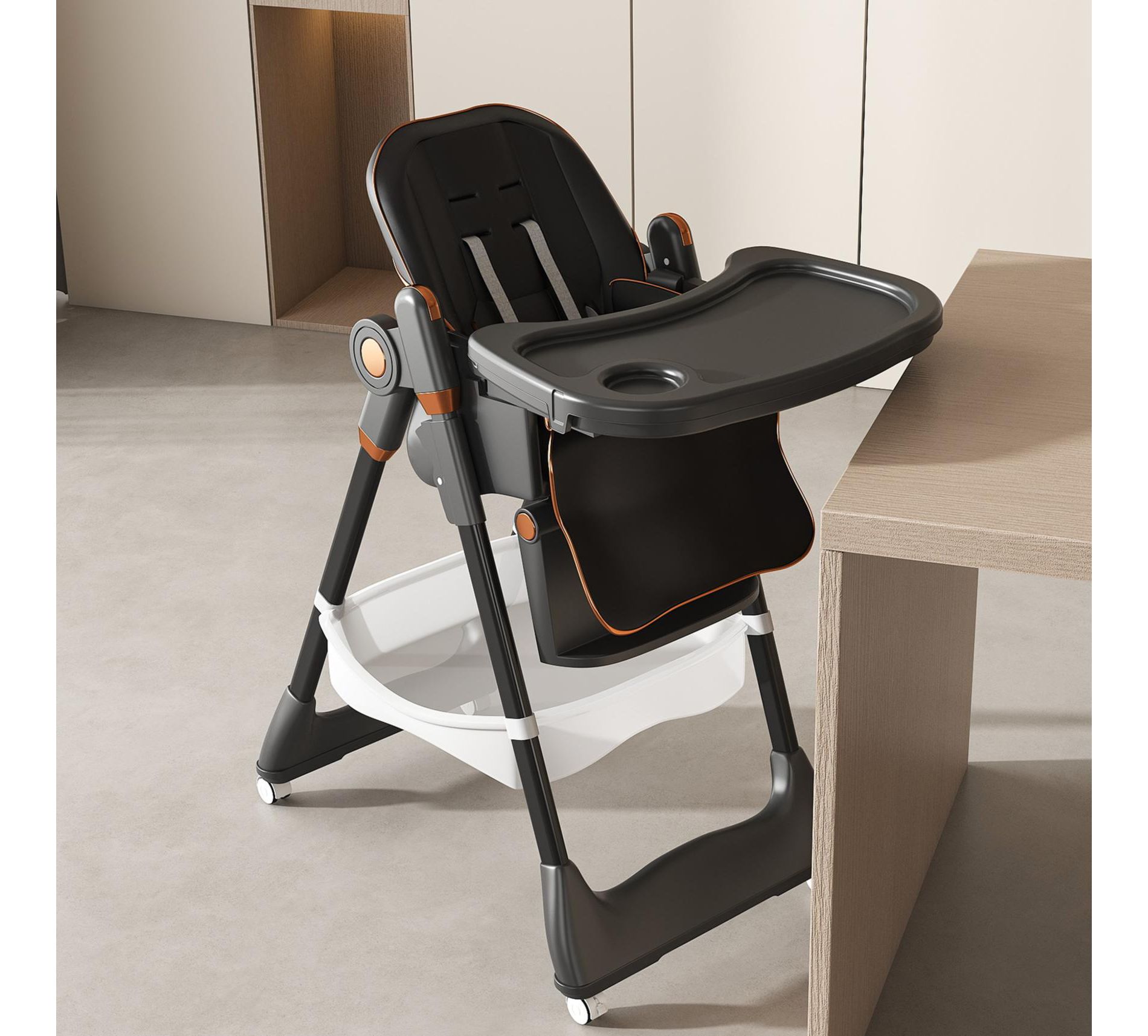 ELJGET Adjustable Baby High Chair 0-6 Years, Portable Foldable Infant Seat with 5-Point Belt, Wheels, 5 Height & Recline Settings, Easy-Clean