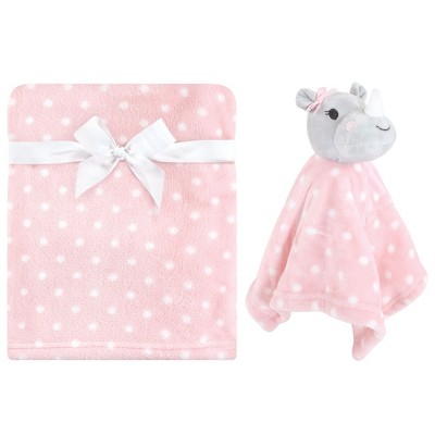 Hudson Baby Infant Girl Plush Blanket with Security Blanket, Rhino, One Size