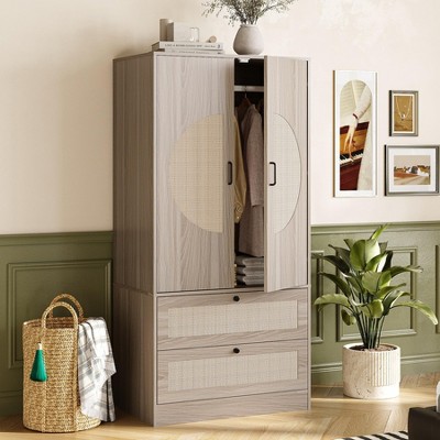 Grey Wardrobe Closet, Large Capacity Clothing Storage Cabinet, Wooden Rattan Bedroom Armoires