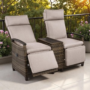 Outdoor Wicker Recliner Loveseat Chair Set with Adjustable Backrest and Built-in Storage Table - 1 of 4