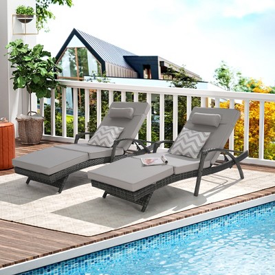 TiramisuBest 2-Piece Outdoor Wicker Long Reclining Lounge Chair Set, 150° Adjustable Recliner for Beach/Poolside/Garden (Light Gray)