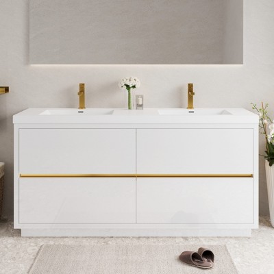 GlasFlength Bathroom Storage Cabinets, Freestanding, Open shelving Bathroom Vanity，Assembly Required, White, 70.87"*19.75"*35.5"