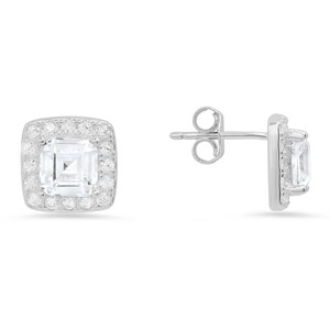 Sterling Silver Asscher-cut Halo CZ Stud Earrings - 1 of 2