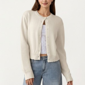 Anna-Kaci Women's Soft Knit Button Front Cropped Cardigan with Ribbed Trim Details and Relaxed Long Sleeves - 1 of 4
