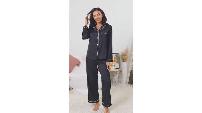 cheibear Women's Satin Button Down Lounge Tops and Pants Pajama Set, 2 of 7, play video