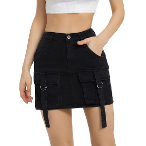 Denim Cargo Mini Skirts for Women Low Waist Bodycon Y2K Jean Skirt Flap A Line Skirts with Pocket - 1 of 4