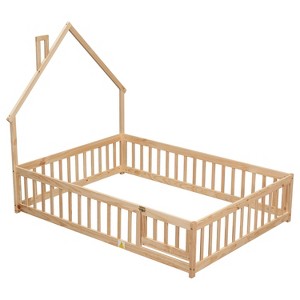 Full Size House Bed Frame with Fence Guardrail, Playful House Shape Safety Bed Platform for Kids Room, in Natural Wood, Grey & White - 1 of 4