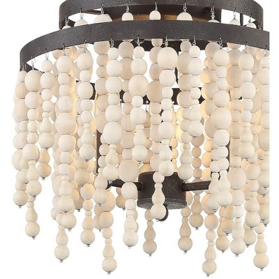 Poppy Forged Bronze 3-Light Chandelier with Natural Wood Beads